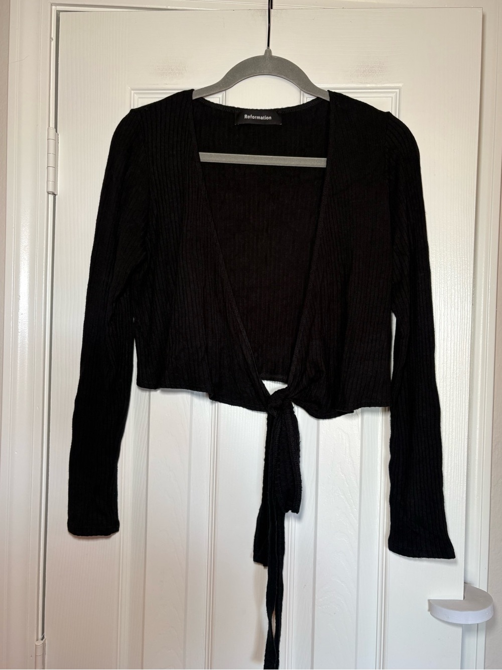 Reformation Black Ribbed Wrap Tie Front Shirt Top M